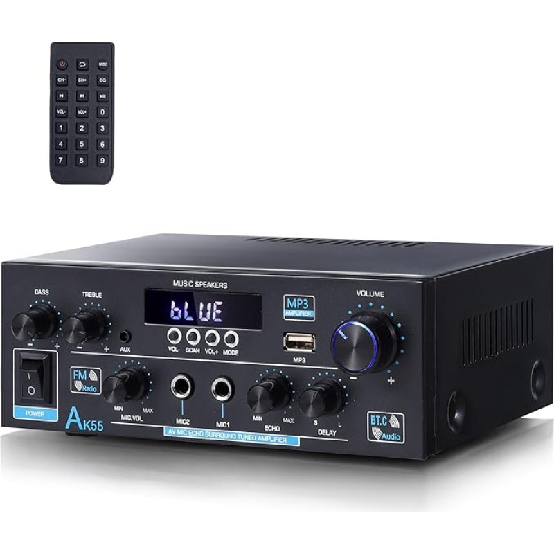 AK55 HiFi Amplifier Stereo Amplifier Bluetooth 5.0 Power Amplifier 2 Channel Amplifier 70W x 2 Audio Amplifier Receiver Digital Amplifier Power Amplifier with USB, SD, RCA for Home or Car