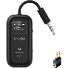 Lavales SafeFly Pro Bluetooth 5.3 Transmitter & Receiver Bluetooth Audio Adapter w/Screen for up to 2 Bluetooth Headphones; Use with Any 3.5 mm Jack on Airplanes, TVs/Tablets, Speakers and Car