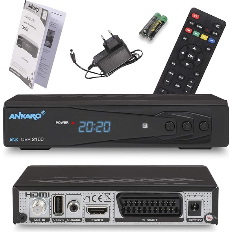 ANKARO DSR 2100 Digital Full HD 1080p Satellite Receiver Black with USB Media Player / HDMI / Scart / LED Display / 12 V Power Supply Ideal for Camping