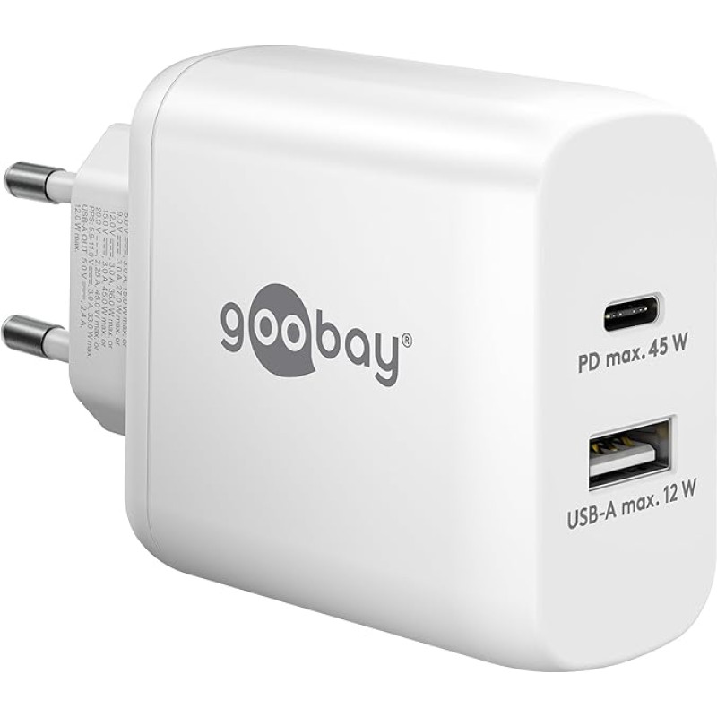 Goobay 65412 Dual Charger 45 W / USB-C & USB-A Fast Charger Power Delivery / Charging Power Supply with 2 USB Ports / Charger for Mobile Phone, iPad, Tablet etc.