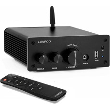 LONPOO Mini HiFi Amplifier 200 W with Bluetooth 5.3, Optical, Coax, USB, AUX Input, 2 Channel Audio L/R Output for Speaker Cable, Remote Control (AMP-615B)