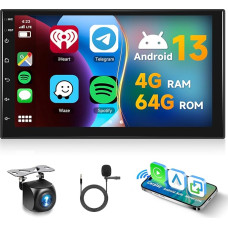 Hodozzy [4GB + 64GB] Android 2 DIN Car Radio with Wireless Carplay & Android Car, 7 Inch Touchscreen Screen, Double DIN Car Radio, GPS, Navi, WiFi, Bluetooth, FM/RDS Radio, EQ/USB/SWC+AHD Reversing