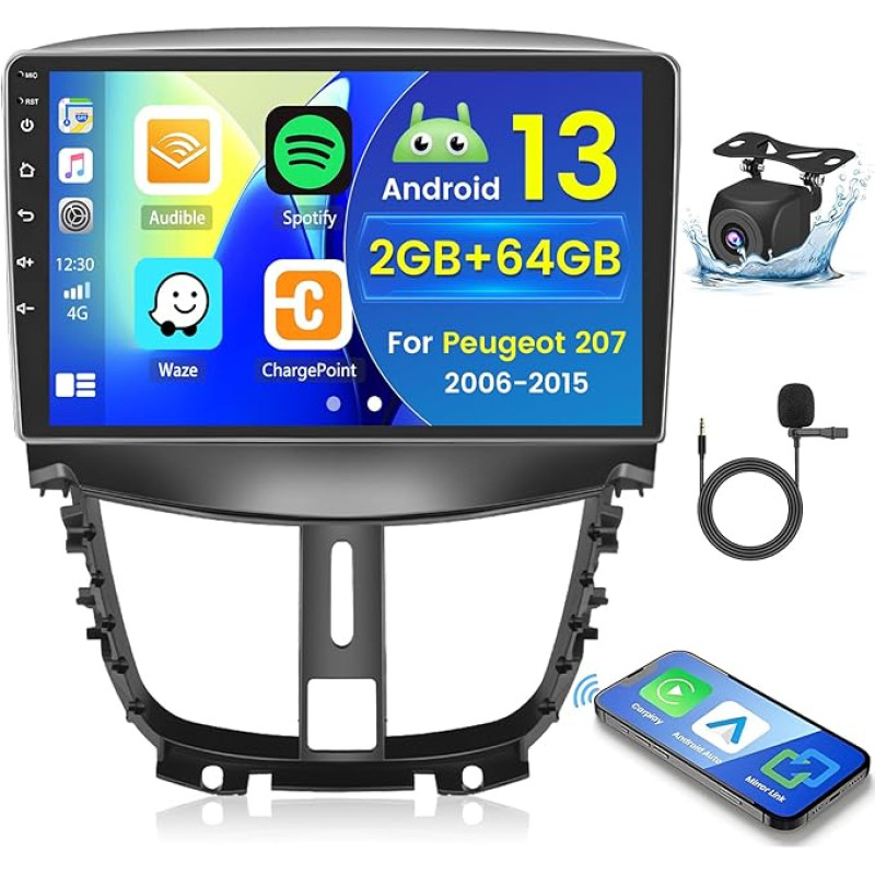 2+64GB Android 13 Car Radio for Peugeot 207 2006-2015 Radio Wireless Carplay Android Car, 9 Inch IPS Touch Screen Radio with Reversing Camera, Bluetooth, Navi, WiFi, DSP, EQ, Mirror Link