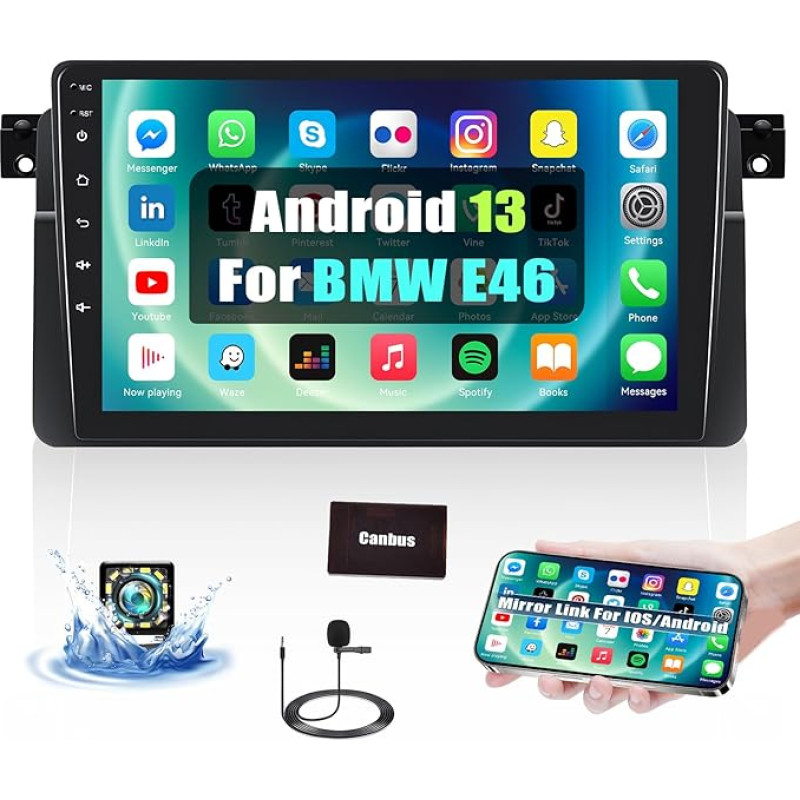 2G + 32G CAMECHO Android 13 Car Radio for BMW 3 Series E46 1999-2005 with Mirror Link, 9 Inch Double DIN Car Touch Display Radio with Bluetooth FM/RDS Radio GPS WiFi Steering Wheel Control Reversing