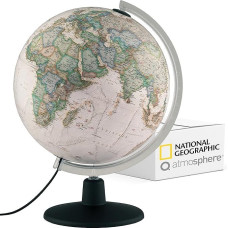 National Geographic NATGEO Executive Antique Globe - 30 cm gaublys su politine-fizine kartografija vokiečių kalba, apšviestas ir su besisukančiu plastikiniu pagrindu
