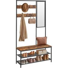 VASAGLE HSR415B01 Coat Rack with Hooks Mirror Bench 35 x 98 x 180 cm for Entrance Area Bedroom Living Room Industrial Design Vintage Brown/Black
