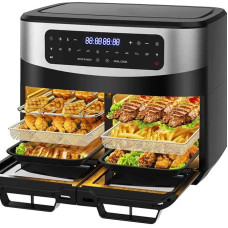 Dviejų zonų karšto oro keptuvė 12L - XXL oro keptuvė su nuimamu separatoriumi, 2600 W karšto oro keptuvė su dviguba kamera ir dvigubu langu, 10 funkcijų, receptai