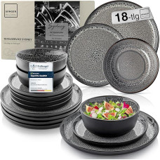 SÄNGER Sydney akmens masės indų rinkinys 18 dalių, lėkščių rinkinys 6 asmenims, 6 x pietų lėkštės, 6 x dubenėliai grūdams, 6 x desertinės lėkštės, pietų servizas tamsiai pilkos spalvos, atsparus įbrėžimams, vertinga indų kolekcija