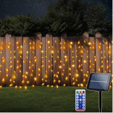 Solar Curtain Lights Outdoor 10m x 1m 500 LED Curtain Lights with Remote Control Green Wire Waterfall String Lights for Garden Patio Fence Gazebo Decoration