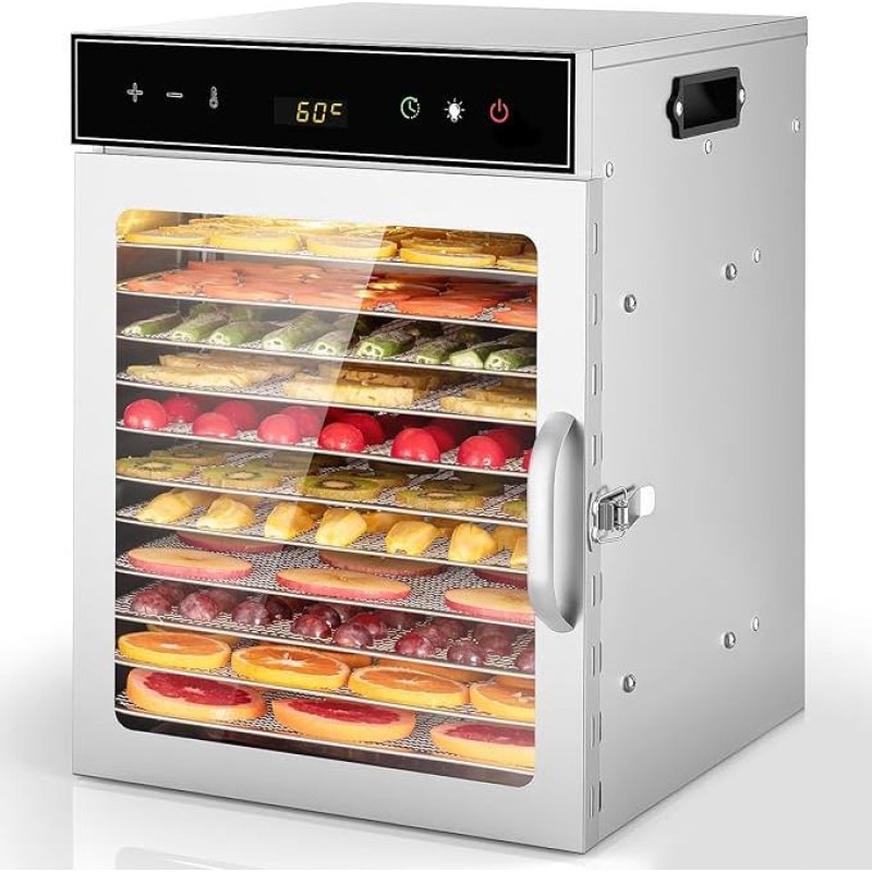 Nerūdijančio plieno dehidratorius, oiyocemo vaisių džiovintuvas su 12 padėklų ir nemokama receptų knyga, be BPA, 30-90 °C temperatūros nustatymas, ne ilgiau kaip 24 val., daržovių ir mėsos dehidratorius Jungtinėje Karalystėje