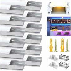 LED Aluminium Profile 12 x 1 m, U Shape Profile with White Milky Cover End Caps and Mounting Bracket for LED Strips, LED Diffusers Channel