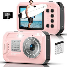 Povandeninis fotoaparatas 4K UHD, 64MP automatinio fokusavimo skaitmeninis fotoaparatas, atsparus vandeniui su 32GB kortele, IP68 ir 16FT povandeninis fotoaparatas su IPS HD ekranais, 16X plūduriuojančiu skaitmeniniu priartinimu, ryškia šviesa, skirtas na