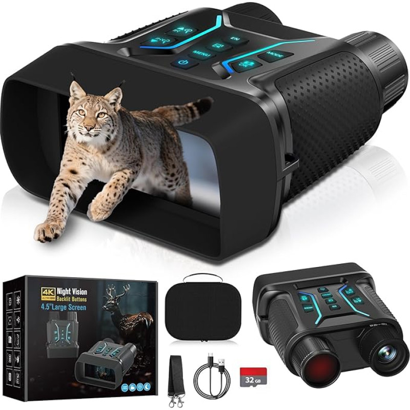 Naktinio matymo prietaisas 4K 36MP, 8X skaitmeninio priartinimo žiūronai su 7 pakopų naktinio matymo funkcija, 4,5 colio HD ekranas 4500 mAh įkraunami infraraudonųjų spindulių žiūronai Naktinio matymo prietaisai stovyklavimui su 32GB TF kortele