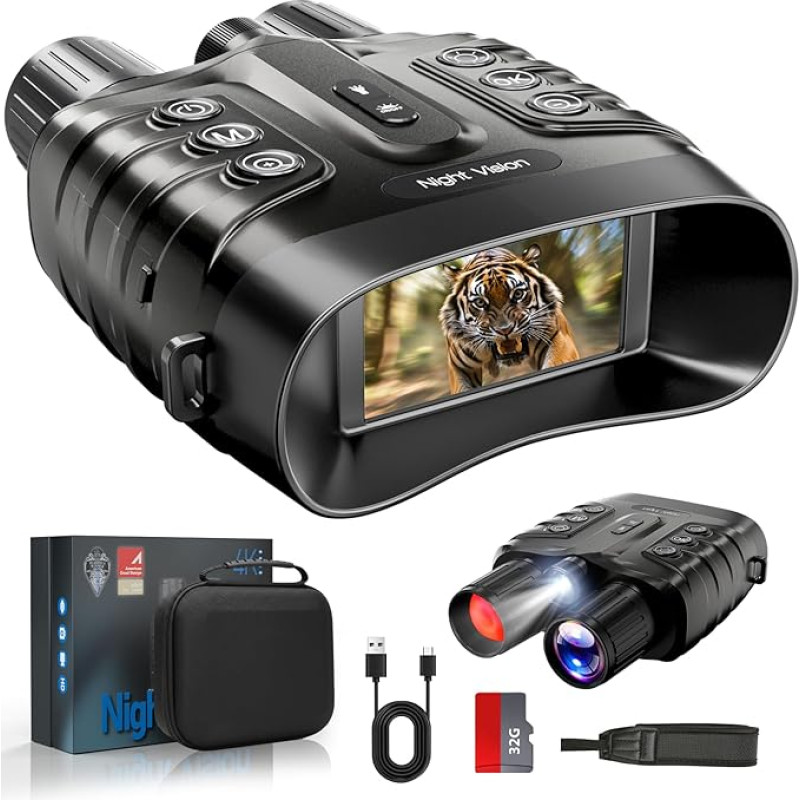 Naktinio matymo prietaisas 4K 48MP, 10000 mAh įkraunamas, f/1.4 didelės diafragmos infraraudonųjų spindulių žiūronai, naktinis matymas, matymo nuotolis 600 M/1968FT, 8X skaitmeninis priartinimas su 32GB TF kortele, tinka dovanoms