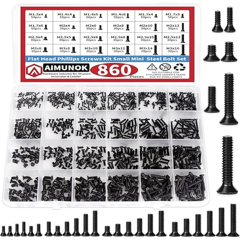 860-teiliges Schraubenset aus Kohlenstoffstahl für Laptops, Flachkopf-Kreuzschlitzschrauben, M1,4/1,7/2/2,5/3