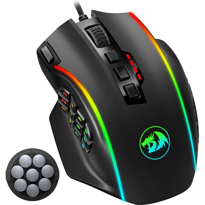 Redragon M901K optinė RGB MMO pelė su 12 šoninių mygtukų, laidinė žaidimų pelė su 12400 DPI, 8 x 2,4 g svorio nustatymu, 19 programuojamų mygtukų, skirta nešiojamiesiems kompiuteriams