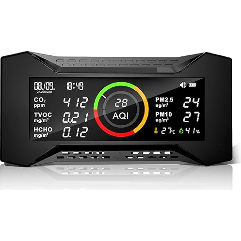 9-in-1 oro kokybės matuoklis, CO2 matuoklis, patalpų oro matuoklis su TVOC PM2.5 PM10 AQI HCHO Temperatūros drėgmės, formaldehido matuoklis, teršalų matuoklis su NDIR jutikliu