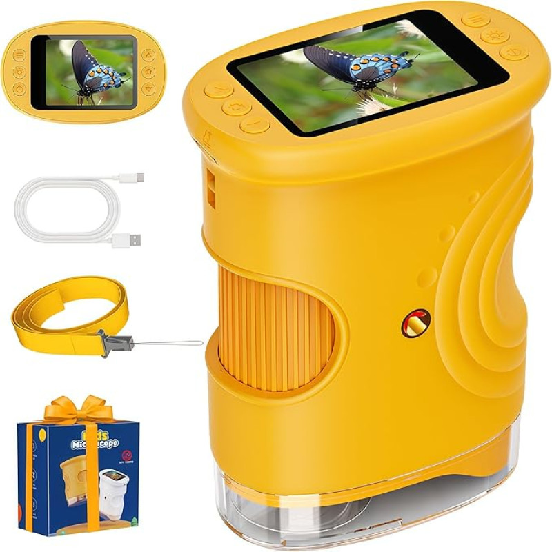 Mikroskopas vaikams 1000X skaitmeninis, 1080P HD 2,0 colių ekranas Mobiliojo telefono mikroskopas 8 LED šviesos kišeninis mikroskopas Nešiojamasis vaikiškas mikroskopas 4-12 m. Lauko vaikų žaislai, edukacinės dovanos