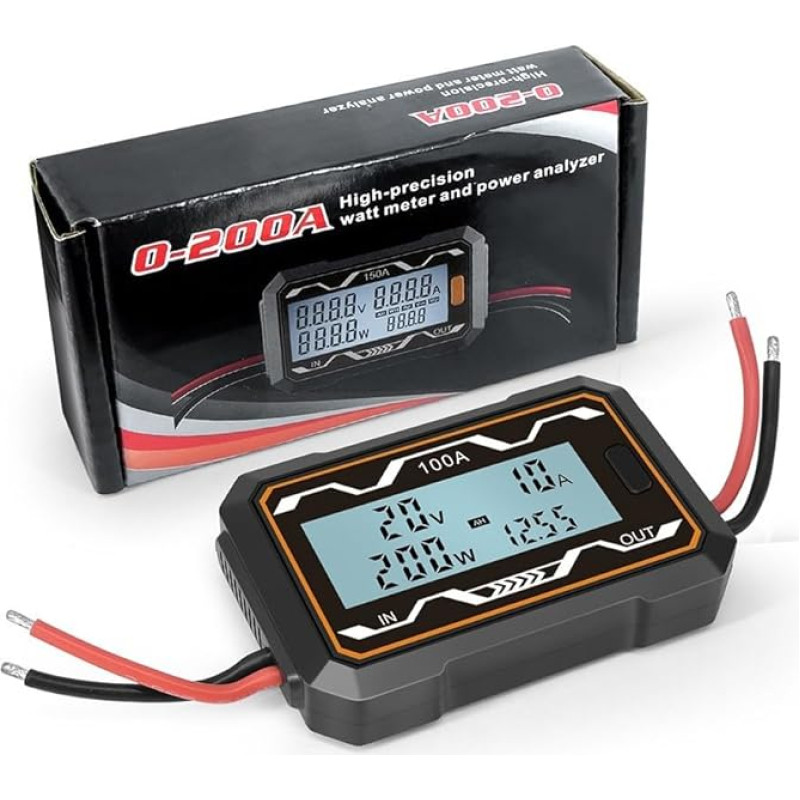 RC200A nuolatinės srovės galios matuoklis ir akumuliatoriaus testeris su apšviečiamu LCD ekranu, 200A didelio tikslumo ampermetras ir vatmetras, 0-60V įtampos analizatorius saulės sistemoms (100A)
