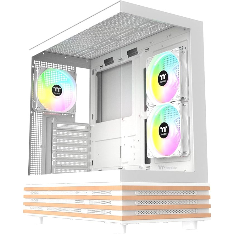 Thermaltake View 270 Plus WS ARGB ATX Midi-Tower kompiuterio korpusas - grūdinto stiklo priekis ir šonai, medžio akcentas, 3 x 120 mm ARGB Lite (2 reversai), USB-C, 360 mm radiatorius, sniego baltumo