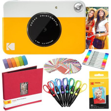 Kodak Printomatic Instant Camera (Yellow) Art Bundle + Zink Paper (20 Sheets) + 8x8 Cloth Scrapbook + 12 Twin Tip Markers + 100 Border StickerS + 6 Decorative Scissors + Washi Tape