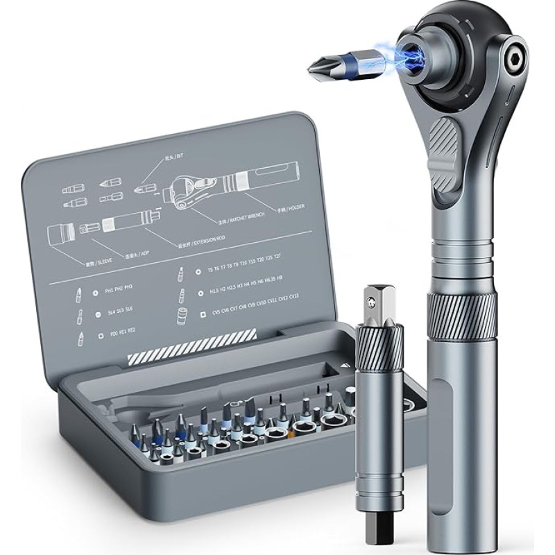 ATuMan RS2 40-in-1 atsuktuvų rinkinys, magnetinis daugiafunkcinis atsuktuvų rinkinys su S2 bitų reketu, mažas mini reketų rinkinys, 1/4 su 45 dantukais, skirtas prietaisams, namams ir mašinoms