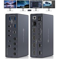 Displaylink USB C KVM Switch Docking Station, 4K60Hz HDMI KVM Switch 4 PC 4 Monitors for Windows & Mac M1/M2/M3/M4, 10Gbps USB C Data/1Gbps Ethernet Input, Audio/Mic with IR Control & USBA-C to C