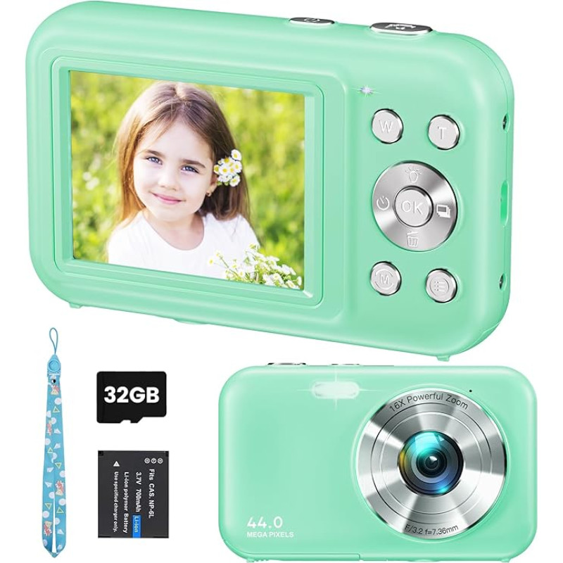 Skaitmeninis fotoaparatas, FHD 1080P 44MP kompaktiškas vaikiškas fotoaparatas su 32GB kortele, įkraunamas skaitmeninis fotoaparatas su 16x skaitmeniniu priartinimu, 2,4 colių LCD ekranas, skirtas vaikams, mergaitėms, berniukams, pradedantiesiems