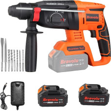 Bravolu Cordless Hammer Drill for SDS-Plus, 21 V Professional Hammer Drill with 2 x 4.0 Ah Battery & Charger, 4 Modes, 360° Adjustable Handle, 9-Piece Accessory Set, for Brick, Wood, Steel, Masonry