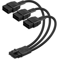 16AWG PCIE 5.0 GPU maitinimo prailginimo kabelis, 12VHPWR, 16 kontaktų (12+4) GPU vyriškos lyties į 3x 8 kontaktų PCIE moteriškos lyties skirstomąjį kabelį su kabelio pynele 16 kontaktų (12+4) GPU (0,3M)