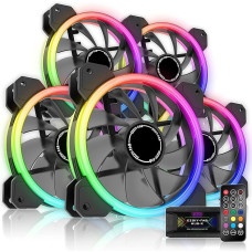 EZDIY-FAB RGB dvigubo žiedo korpuso ventiliatorius 120mm 5V motininės plokštės sinchronizavimo greičio reguliuojamas RGB sinchronizavimo ventiliatorius su ventiliatoriaus koncentratoriumi X ir nuotolinio valdymo pulteliu, 5 vnt.