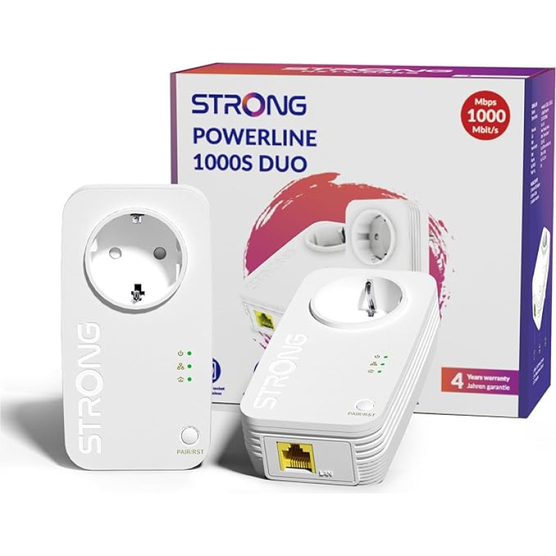STRONG AV1000 Mbps Powerline adapterio rinkinys su lizdu, HomePlug AV2 Powerline Ethernet plėtinys, Gigabit LAN prievadai, 