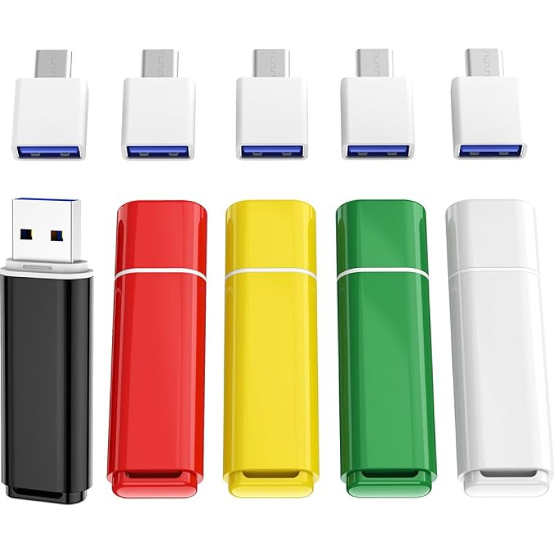 ABLAZE 8 GB USB atmintinė, 5 vnt. su C tipo adapteriais, USB atmintinės, 8 GB atmintinės, skirtos kompiuteriui, išmaniajam telefonui ir kompiuteriui