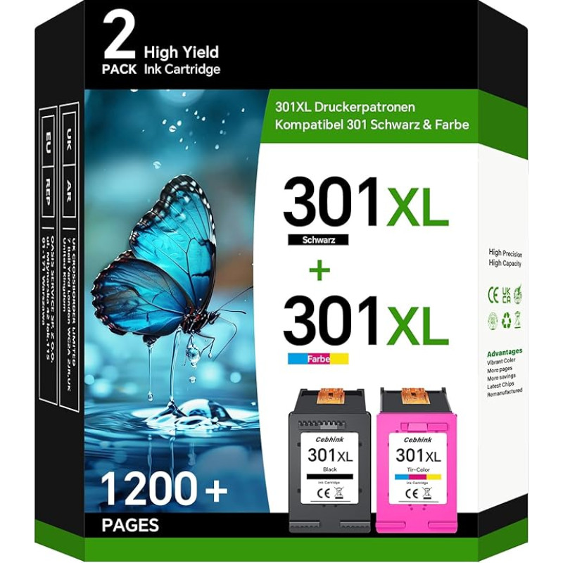 301 XL spausdintuvo kasetės Keičiamos HP 301 spausdintuvo kasetės, 301XL juoda ir spalvota, 2 vnt., suderinamos su HP301 Envy 4500 5530 5534 DeskJet 2544 2549 OfficeJet 2620 4630 4632 spausdintuvais