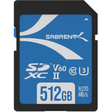 SABRENT SD kortelė 512GB V60 UHS-II SDXC, 10 klasė, U3, 270MB/s skaitymas, 170MB/s įrašymas - profesionali SD atminties kortelė 4K/8K vaizdo įrašams, fotografams, videografams, entuziastams (SD-TL60-512GB)
