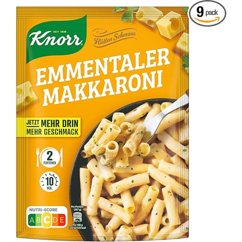 Knorr Hüttenschmaus Emmental Macaroni Ready Meal Skanus makaronų patiekalas be skonį gerinančių priedų 2 porcijos - 9 x 168 g