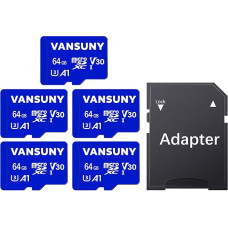 Vansuny Micro SD Card 64 GB Pack of 5 Memory Cards microSDXC with SD Adapter Up to 90 MB/s (UHS-I, U3, V30, A1, Class 10) for 4K UHD Video Compatible with Smartphone, Camera, Tablet, GoPro