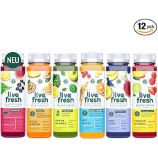 LiveFresh sultys su vitaminais - 12 x 250 ml - bandomoji pakuotė 6 šalto spaudimo vaisių ir daržovių sultys (250 ml) - be cukraus ir priedų - daug vitaminų - pagamintos iš šviežių vaisių ir daržovių