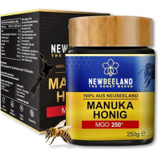 Newbeeland Manuka Honey MGO 250+ - 250g - Light-Protected Glass, 100% Pure Premium Manuka Honey from New Zealand, Batch Tested with Certified Methyl Glyoxal Content, No Additives