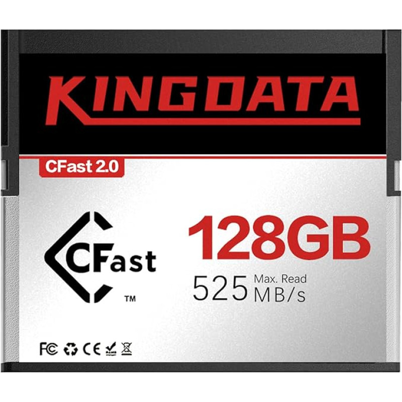 CFast 2.0 128 GB didelės spartos atminties kortelė, skirta 4K vaizdo ir HD įrašymui, suderinama su profesionaliais fotoaparatais