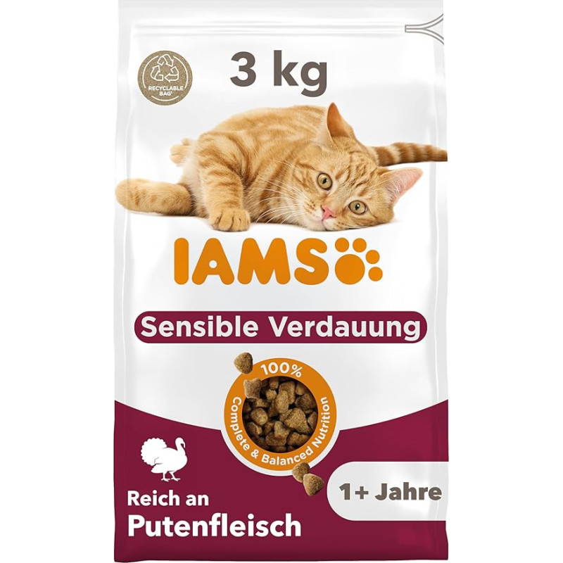 IAMS for Vitality Sensitive Digestion sausas kačių maistas - sausas maistas jautrų skrandį turinčioms katėms nuo 1 metų, 3 kg