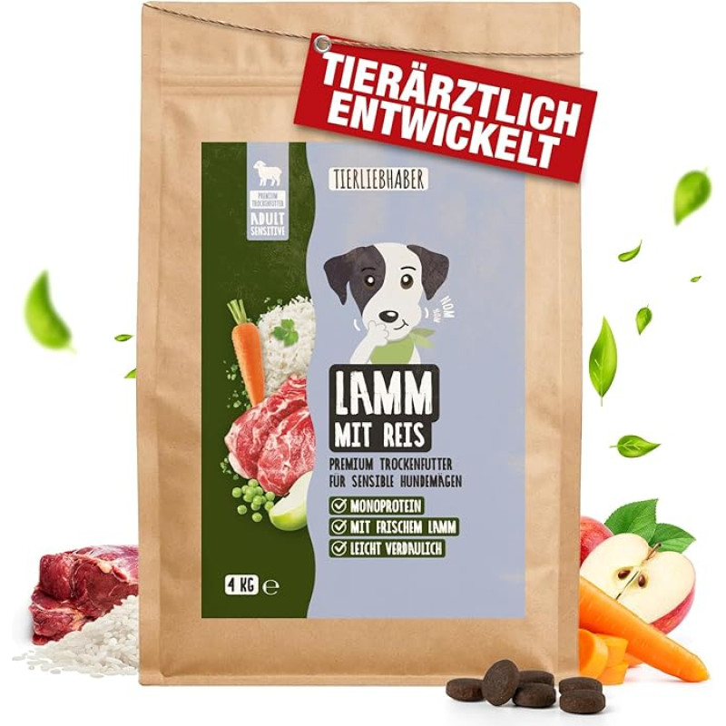 TIERLIEBHABER Ėriena su ryžiais 4 kg sausas ėdalas šunims - veterinarijos gydytojo sukurtas švelnus sausas ėdalas jautraus virškinimo šunims - be konservantų ir gerai toleruojamas