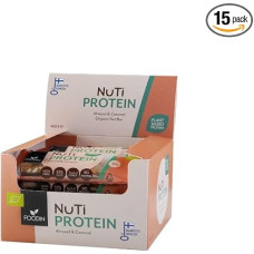 FOODIN NUTI baltymų batonėlis, sveikas riešutų batonėlis su 50 % ekologiškų riešutų ir 9 g augalinių baltymų, migdolų ir karamelės (15 x 45 g), be glitimo, be cukraus, baltymų turtingas užkandis darbui ir mokyklai