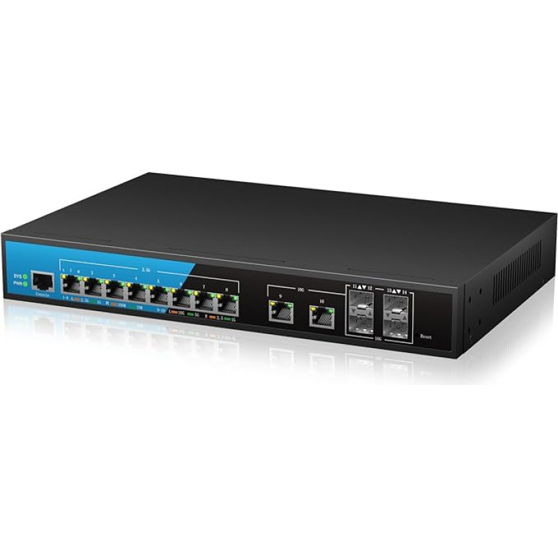 8 prievadų 2,5G PoE+ valdomas komutatorius, 2 x 10G RJ45 prievadai ir 4 x 10G SFP lizdai, 150 W integruotas maitinimo šaltinis, adaptyvus IEEE802.3af/at
