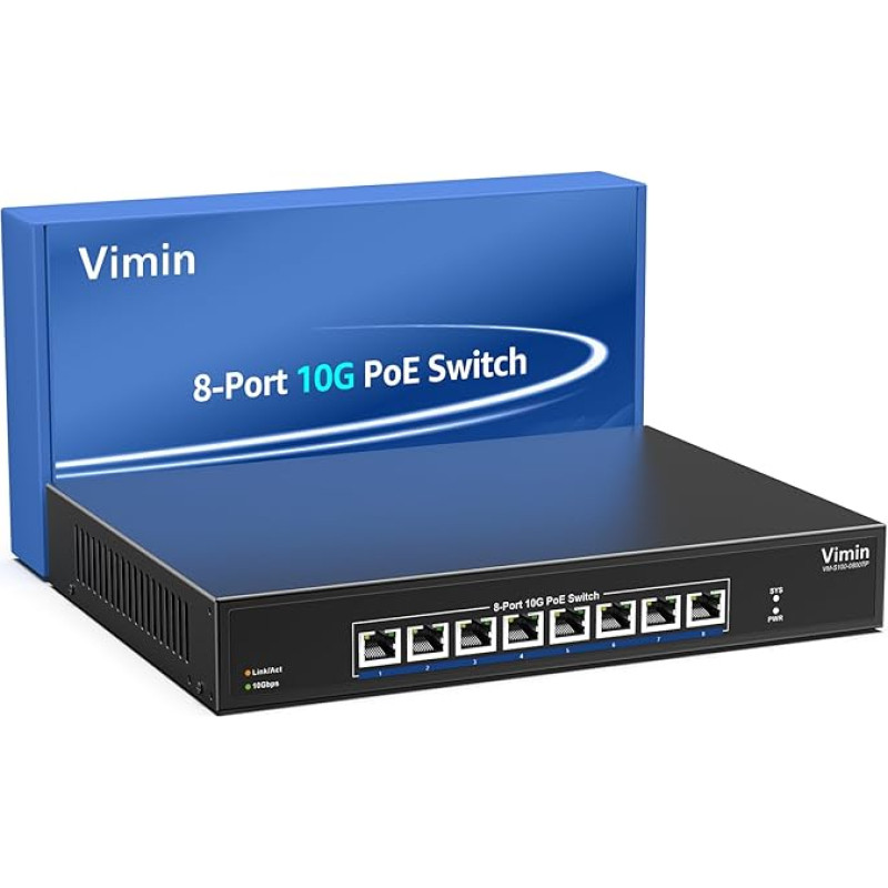 8 prievadų 10G PoE nevaldomas tinklo komutatorius, VIMIN 10Gb/s maitinimo per Ethernet komutatorius, palaiko IEEE802.3 af/at, skirtas 10G NAS tinklui, 