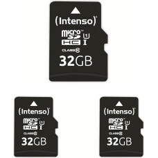 Intenso Professional microSDHC 32GB 10 klasės UHS-I, U3, V30 atminties kortelė su SD adapteriu (iki 100 MB/s), juoda, 3 vnt.