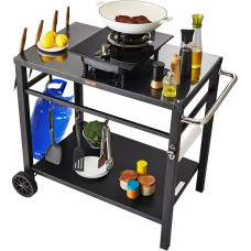 VEVOR Serving Trolley, Kitchen Trolley, 100 x 64 x 83.5 cm, Outdoor Barbecue Dining Trolley with Double Shelf, Movable Grill Table for Preparing Food, Multifunctional Iron Table Top, Black