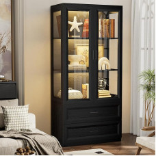 Display Cabinet with LED Lighting, Acrylic Display Case Black with Intelligent Motion Sensor, Storage Cabinet, Bookcase, Antique Cabinet for Living Room, Bedroom, Collector's Display Case