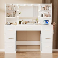 JUMMICO Didelis tualetinis staliukas su reguliuojamu LED apšvietimu ir kištukiniais lizdais, tualetinis staliukas su veidrodžiu ir 7 stalčiais, madingas tualetinis staliukas su 10 LED apšvietimu miegamajame, baltas