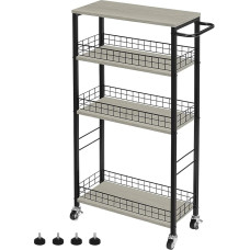 YBING 4 Tier Shelf Trolley with Wooden Top, Narrow Kitchen Trolley, Multi-Purpose Storage Trolley with Wheels, W 42 x D 18 x H 88 cm, Easy to Assemble for Kitchen, Bathroom, Living Room (Grey)
